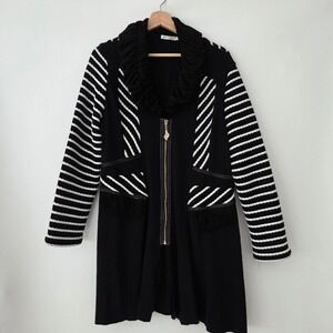 Adore Cardigan Sweater Black White Striped Ruffle Zip Up‎ Womens XL